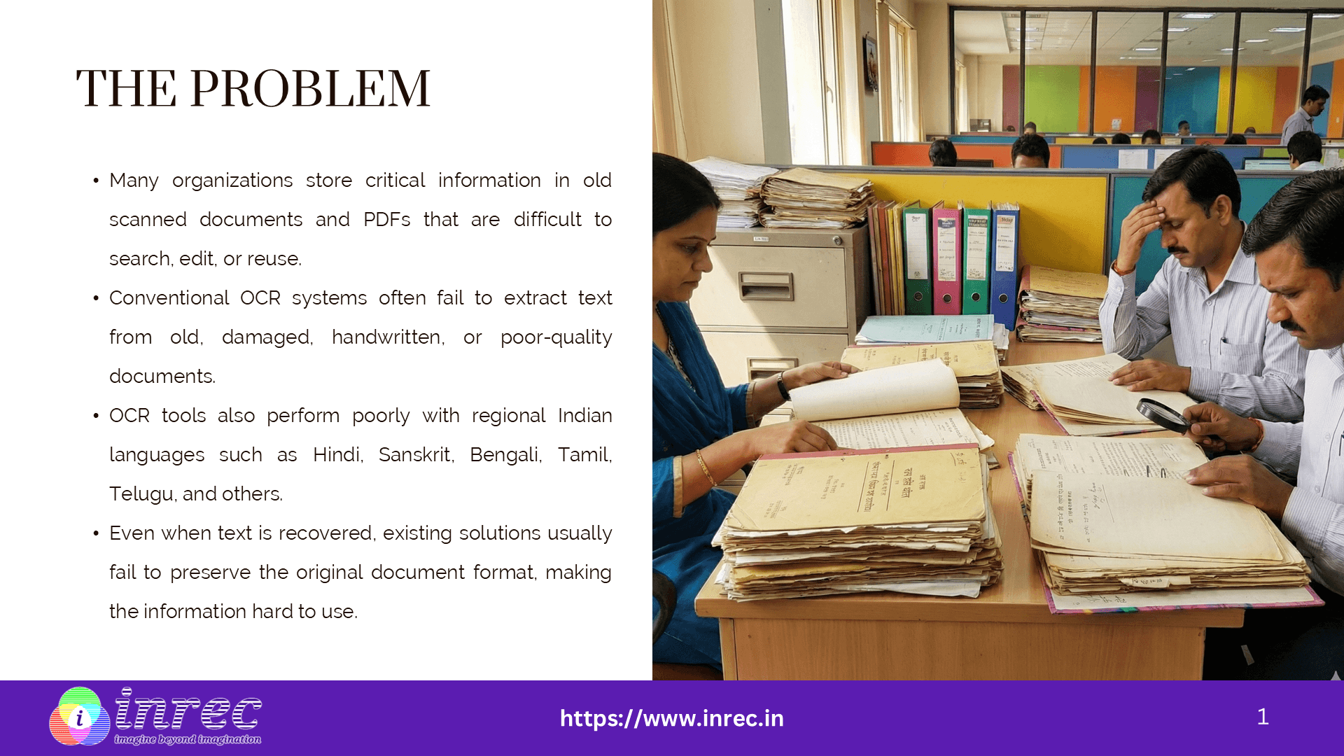 The document digitization problem illustrated with teams reviewing stacks of old physical records